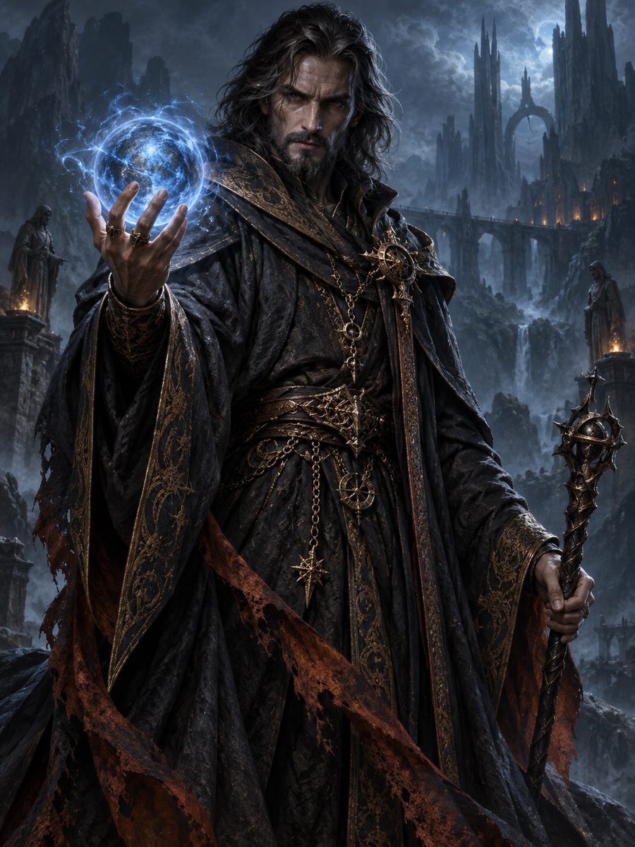 Mago de túnica oscura con un orbe arcano azul