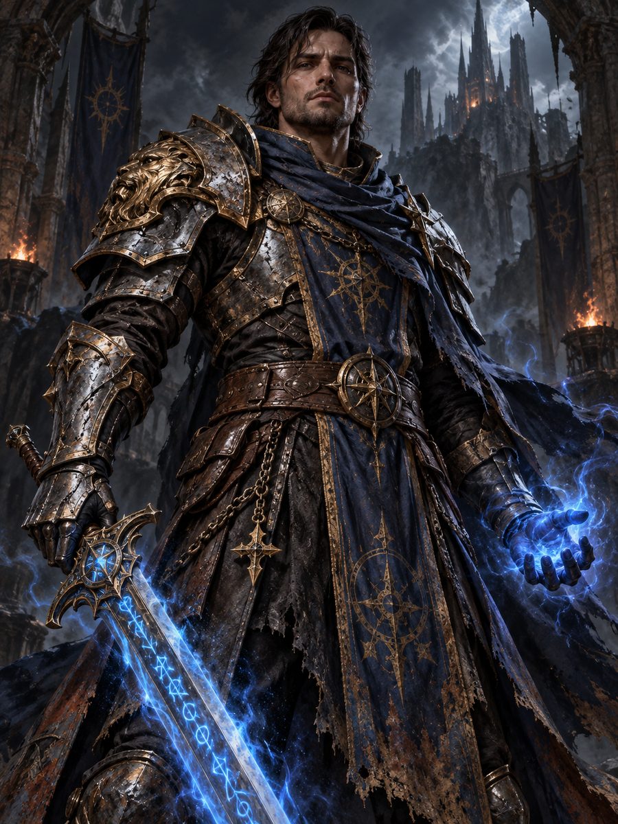 Guerrero con espada rúnica y magia