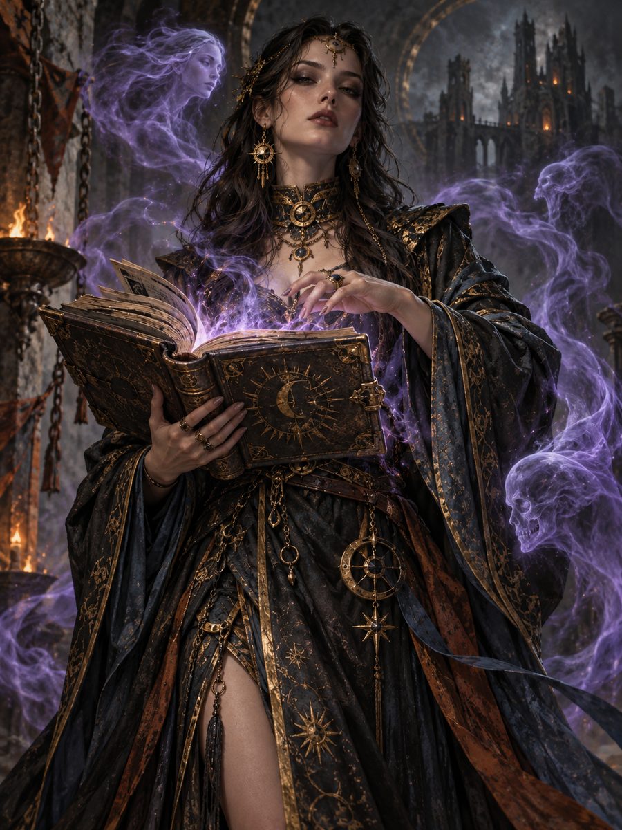 Invocadora con libro y espíritus violetas