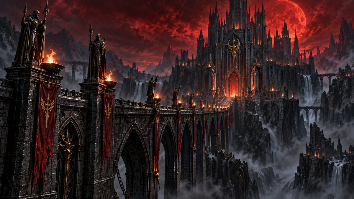 Puente hacia un castillo rojo entre gárgolas