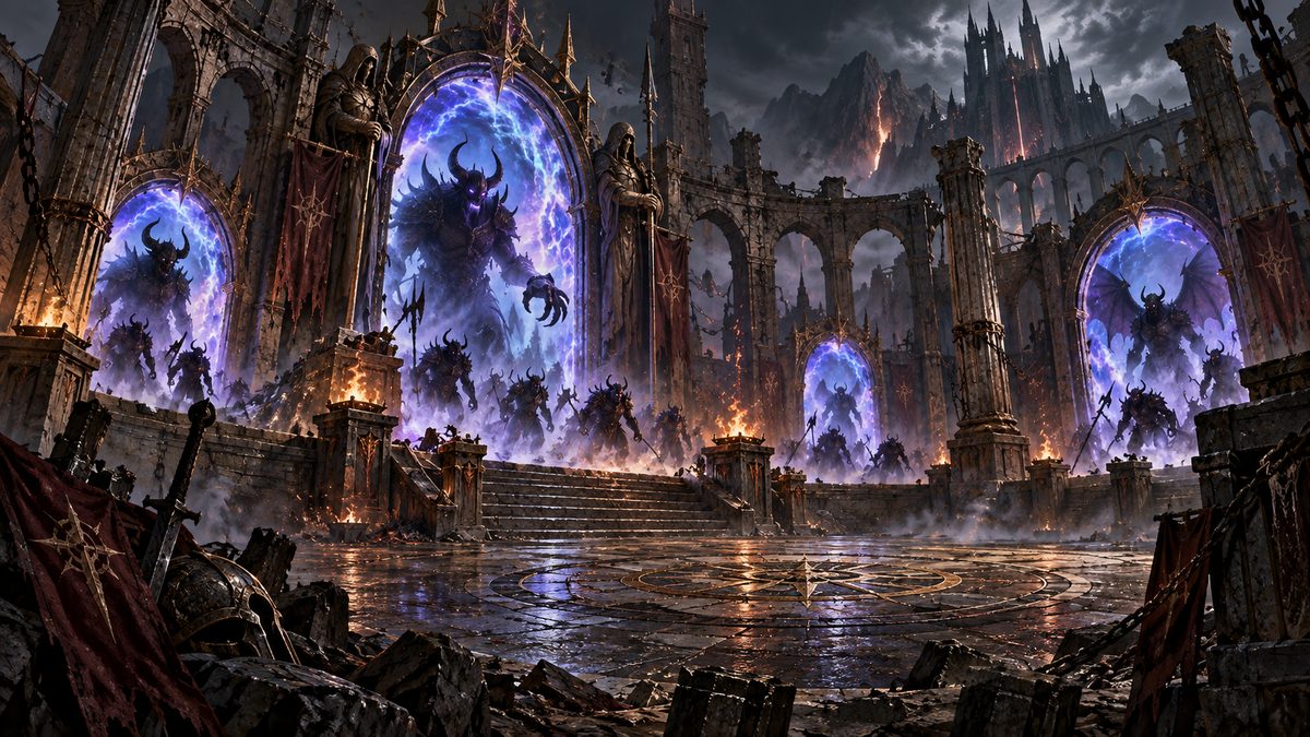 Plaza infernal con portales iluminados