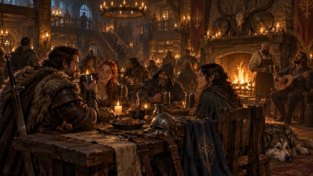 Taberna medieval festiva iluminada por velas