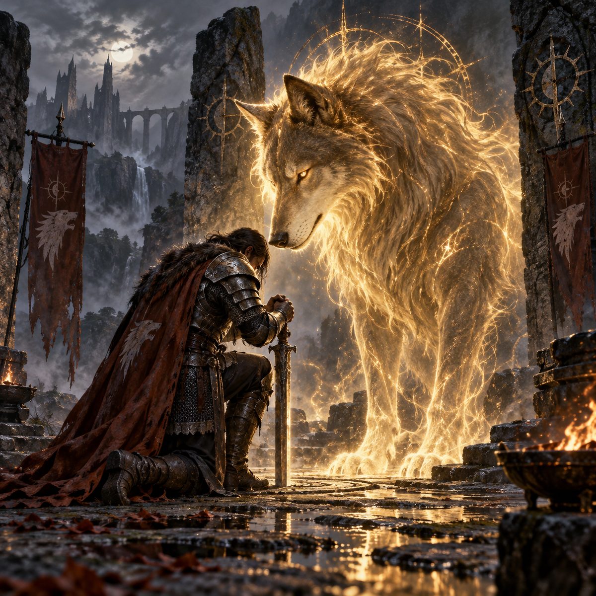 Guerrero arrodillado ante un enorme lobo espectral dorado