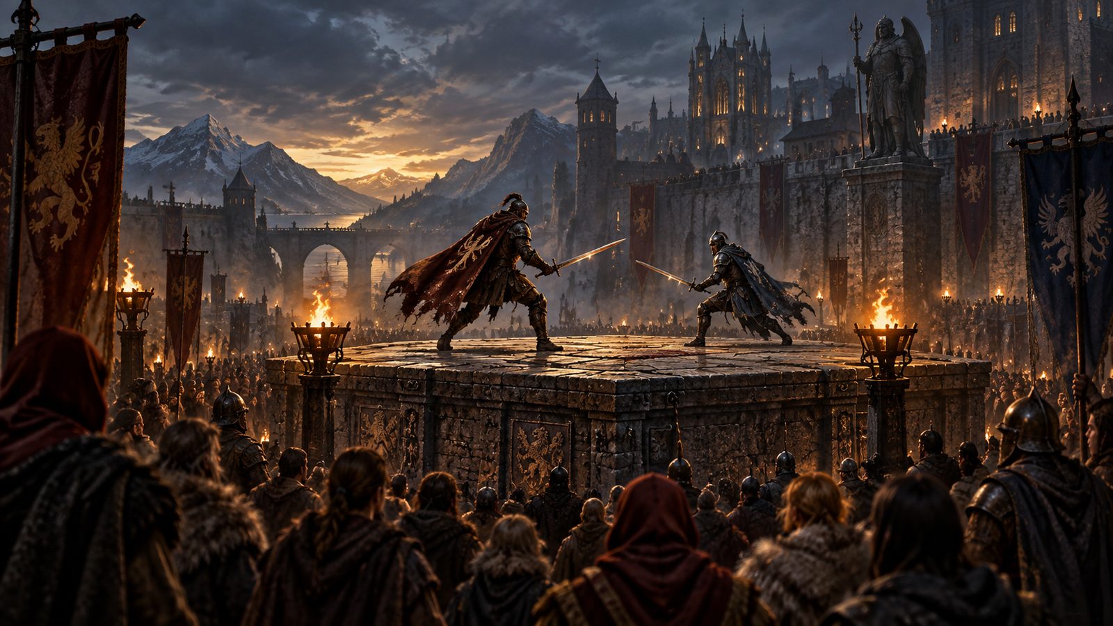 Plataforma elevada con antorchas y dos duelistas en el centro de una plaza medieval